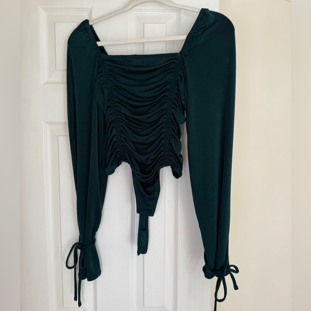 Free People Dark Green Ruched Bodysuit